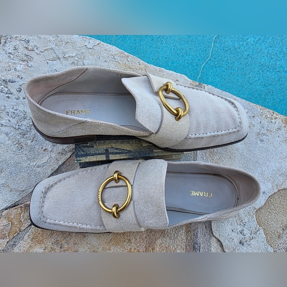 Frame Suede Loafers Horsebit Gold Hardware Beige EU 41 US 10 Slip On Flat - Picture 8 of 14